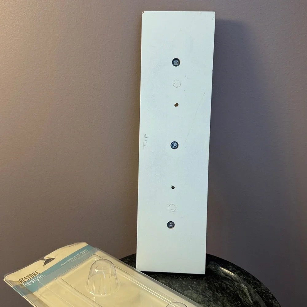 Coat/Hat Rack-scalloped whiteboard w/3 acrylic glass look knobs Restore& Restyle
